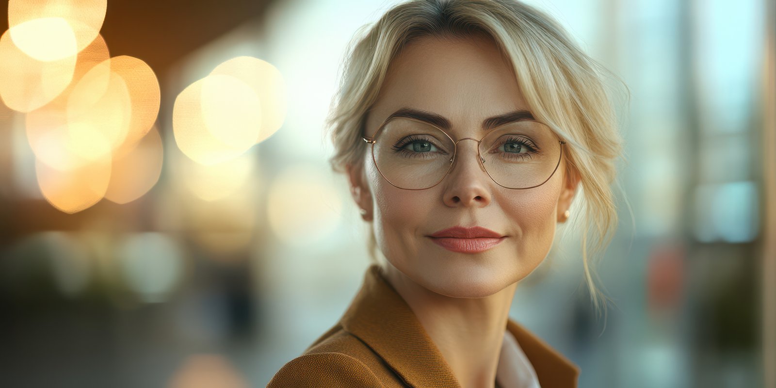Woman with glasses and stylish attire poses confidently in urban setting during golden hour